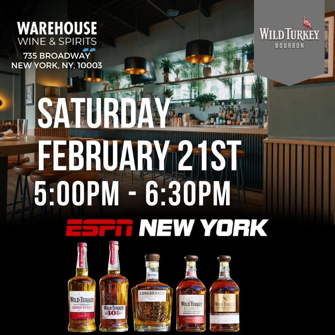ESPNNewYork's tweet photo. 🚨 TOMORROW ‼️🚨

Join @WildTurkey and #TeamESPN on Sat., February 21st at Warehouse Wine &amp; Spirits!

You'll have the chance to enter Wild Turkey Bourbon's Ultimate New York GameDay Experience this April!

WHERE: 735 Broadway, New York, New York, 10003

ALL STARTING AT 5:00PM! https://t.co/DzwSunvkFc