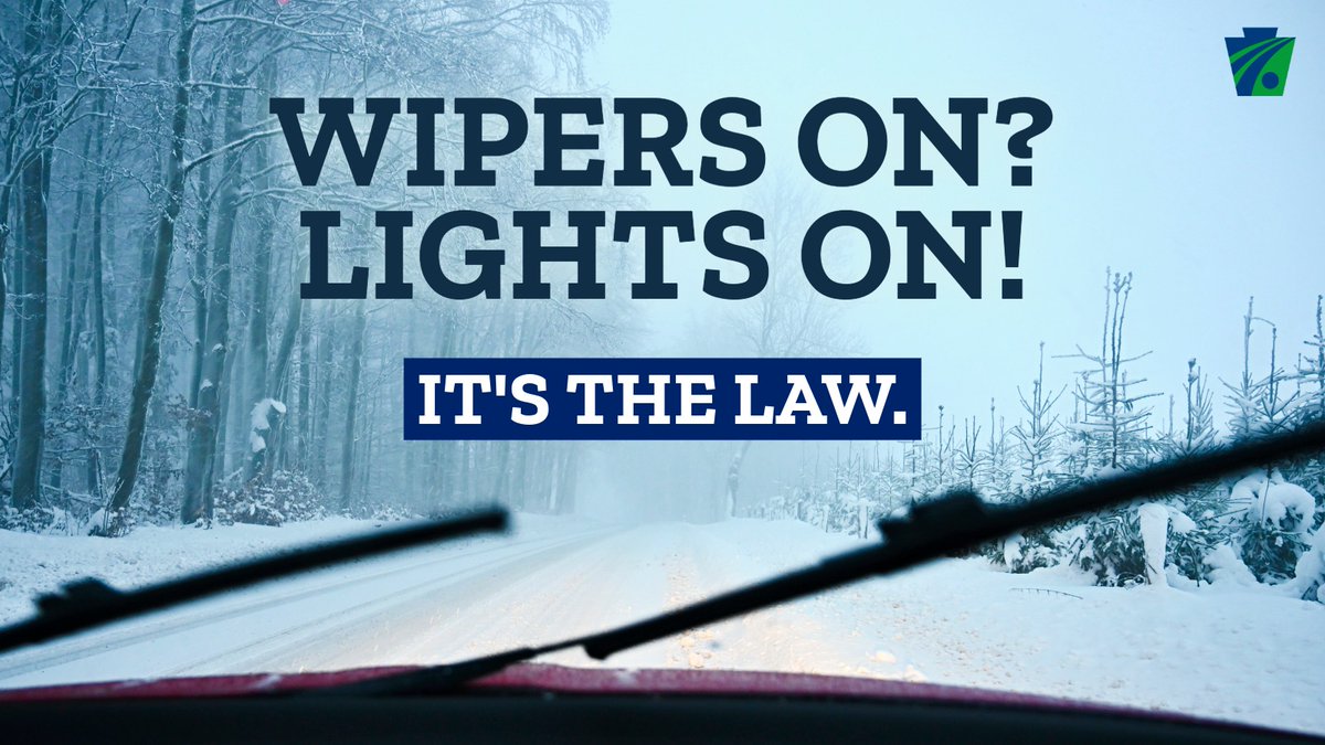 PennDOTNews's tweet photo. Wipers on? Lights on! (It’s PA law!)
Headlights and taillights make your vehicle more visible in inclement weather. But if visibility is limited, especially during heavy snowfall, stick with your low beams!
Get more #PAWinter driving tips here: https://t.co/JRr36e0kpW. https://t.co/pcZaLvEzua