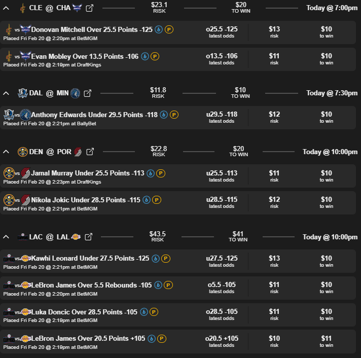 TheNBACrystal's tweet photo. Daily Free NBA Player Picks 🔮 2-20-26
PICKS:
Donovan Mitchell OVER 25.5 PTS
Evan Mobley OVER 13.5 PTS
Anthony Edwards UNDER 29.5 PTS
Jamal Murray UNDER 25.5 PTS
Nikola Jokic UNDER 28.5 PTS
Kawhi Leonard UNDER 27.5 PTS
LeBron James OVER 20.5 PTS
LeBron James OVER 5.5 REB
Luka Doncic OVER 28.5 PTS

The model has identified plenty of significant edges in tonight's slate of games. See the spreadsheet for detailed results; I recommend using alternate lines to make your bets. This allows for greater margin of error and the inclusion of your own intuition, which is key!

#GamblingTwitter #SportsBetting #BettingTips #PlayerProps #NBAPredictions #PlayerProps #NBABet #BettingTips #LetEmKnow #Cavs #Timberwolves #Nuggets #Lakers #Clippers