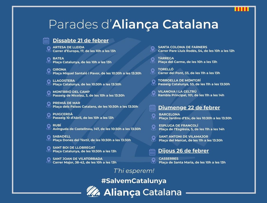 Demà, més parades d’Aliança Catalana arreu de Catalunya.

On s’escolten els veritables problemes dels ciutadans. Passeu-hi!
#SalvemCatalunya 💙