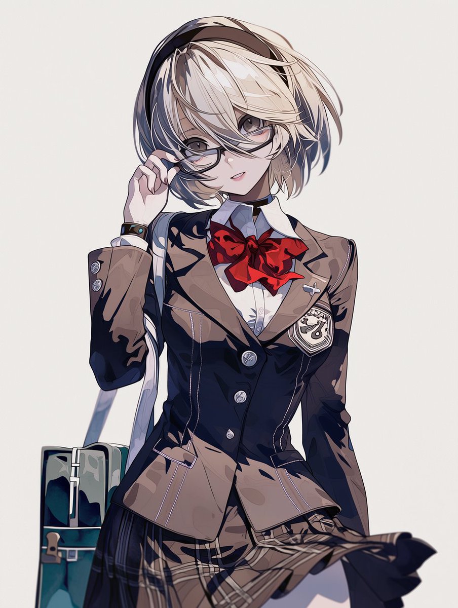 Shw giggles softly,  as she changes into the surprise as she finshed.

"Ok, You can Open them now!

What do you think?"

She said, she was wearing the School's unifrom as she had glasses on smiling at him