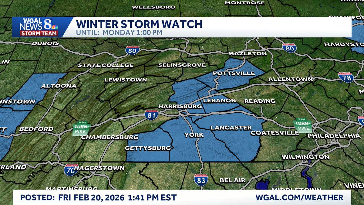 A Winter Storm Watch has been issued for highlighted counties until Feb 23 1:00PM. Watch out for rapidly changing conditions due to snow and/or ice. Stay tuned to WGAL and wgal.com/weather for the latest updates. #PAwx