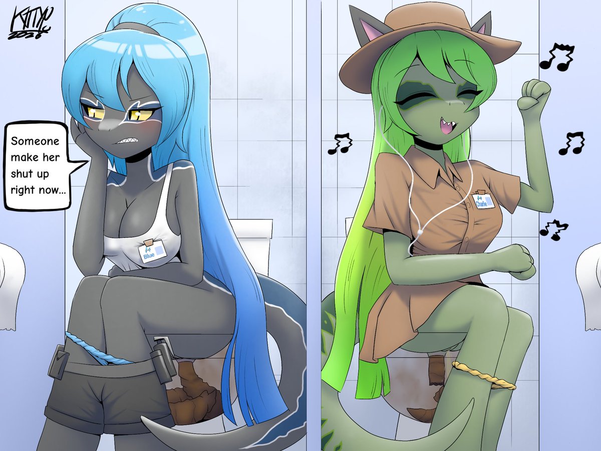 Kittypeller's tweet photo. [NSFW 🚽] She doesn't know how to sing! 🎵 

Original: Jurassic World 
Characters: Blue &amp; Charlie (Anthropomorphic Velociraptors) https://t.co/eXnC7sI23g