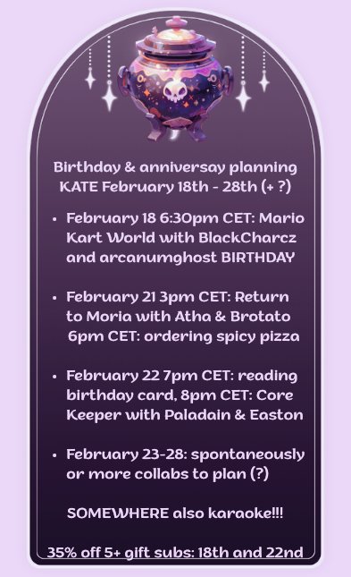 KateYaraSand's tweet photo. Birthday and anniversary subathon planning 💜 Hopefully see you in the weekend to celebrate 🎉🎂🎁 https://t.co/mW9MycD0Cq