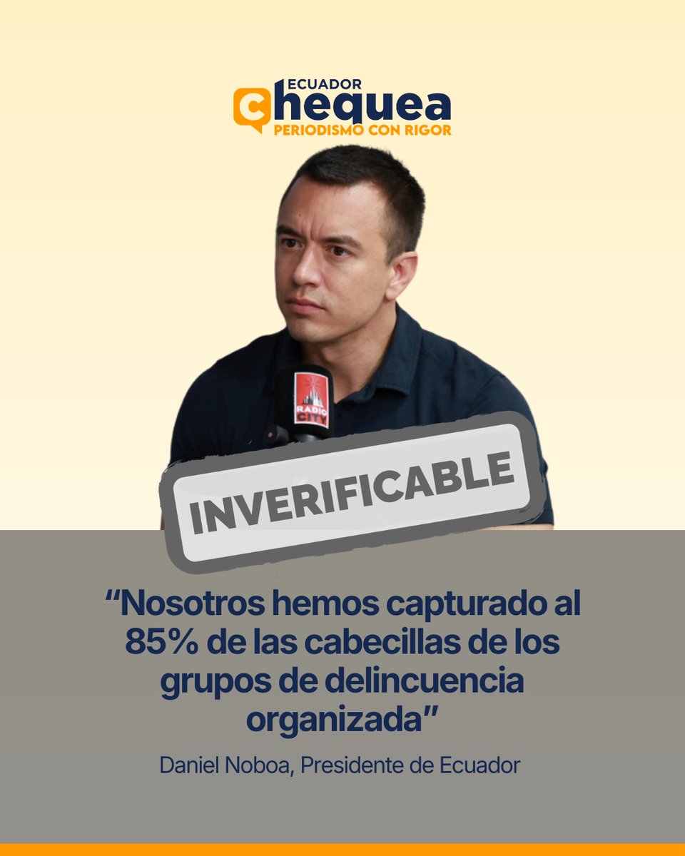 2️⃣ | Daniel Noboa aseguró que su Gobierno ha detenido al 85% de los líderes criminales.

📌 No existe una lista pública del total de cabecillas identificados.
📌 No se ha explicado la metodología del cálculo.
📌 No se conoce el universo sobre el cual se obtiene ese porcentaje.