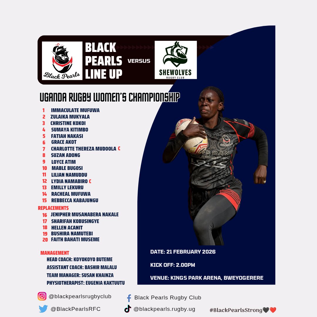 BlackPearlsRFC's tweet photo. Our gems for match day 3.

Roadrunner 🌀, aka Racheal Mufuwa,  returns &amp; claims one wing.
Jjaja 👵🏿, aka Charlotte Thereza Mudoola, switches from the wing to flank.
New lock pairing of Sumaya Kitimbo &amp; Fatiah Nakasi.

Let's go! 😍

#BlackPearlsStrong 🖤❤️
#UgandaRugbyPremiership https://t.co/OsQiUDZWNi