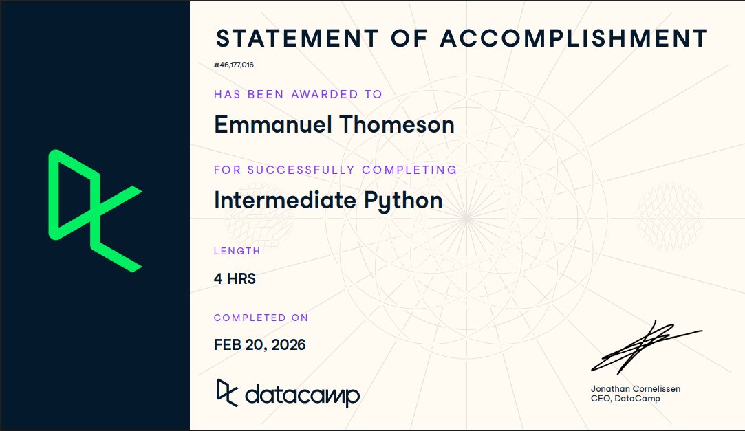 Data_with_Thom's tweet photo. Completed Intermediate Python 🐍💻

Covered:
📊 Matplotlib
🗂 Dictionaries &amp; Pandas
🔍 Logic &amp; filtering
🔁 Loops
🎯 Case study (Hacker Statistics)
On to the next step 🚀
#Python #DataAnalytics #Learning https://t.co/y3lC9mGeV6