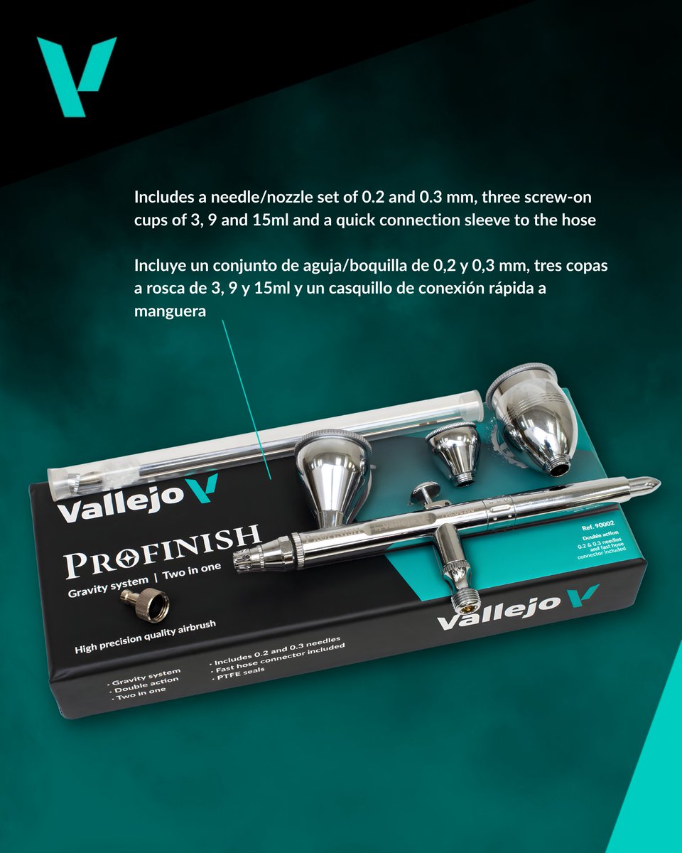 vallejocolors's tweet image. Incluye aguja/boquilla de 0,2 y 0,3 mm, tres copas a rosca (3, 9 y 15 ml) y conexión rápida a manguera ✨ 💬 ¿Qué detalle con aerógrafo aún te cuesta dominar?
. 
#inspiringexperience #ProFinish #vallejocolors