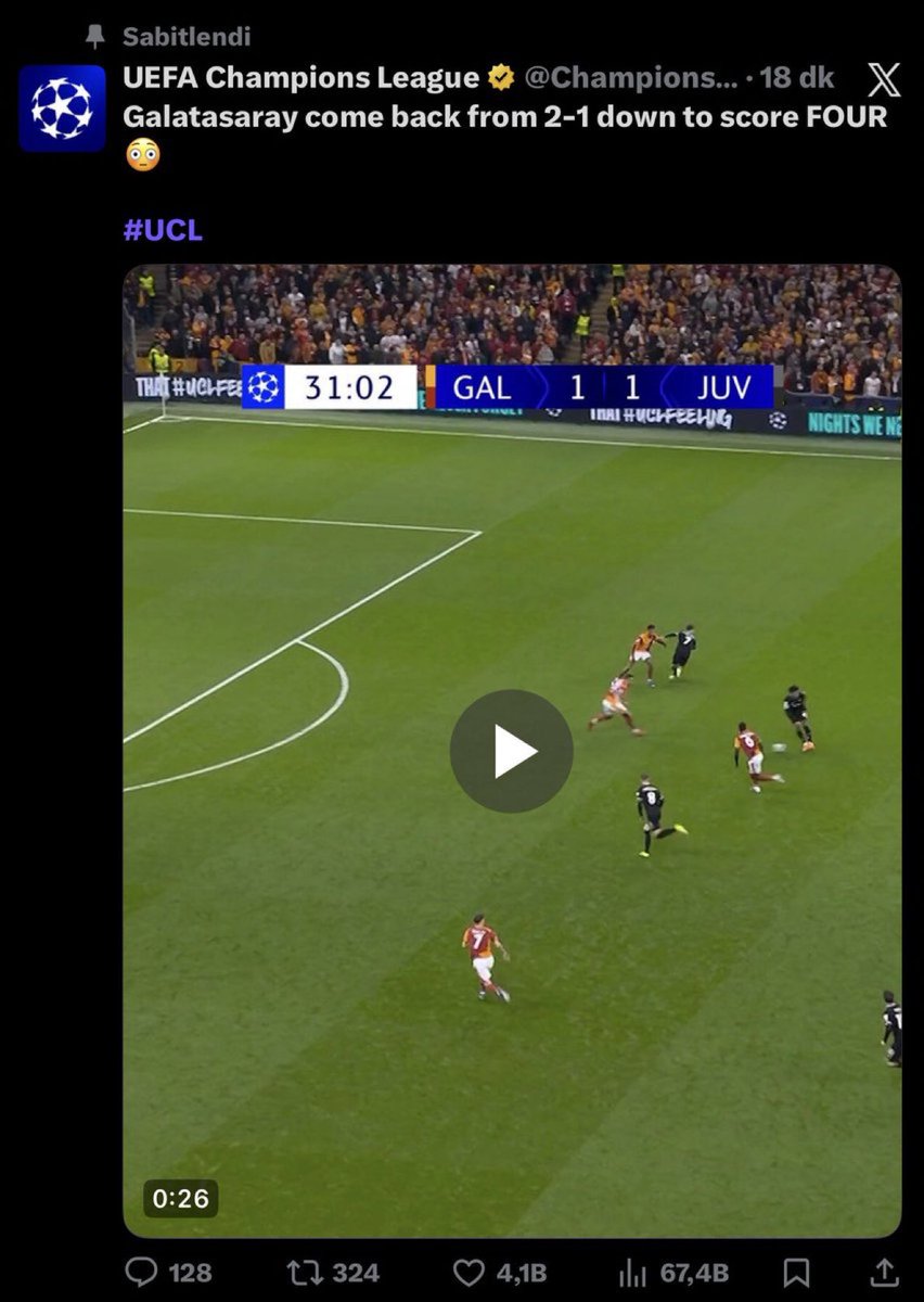 📌 UEFA Şampiyonlar Ligi X hesabı, 'Galatasaray'ın Juventus karşısındaki geri dönüşü' paylaşımını profiline sabitledi.