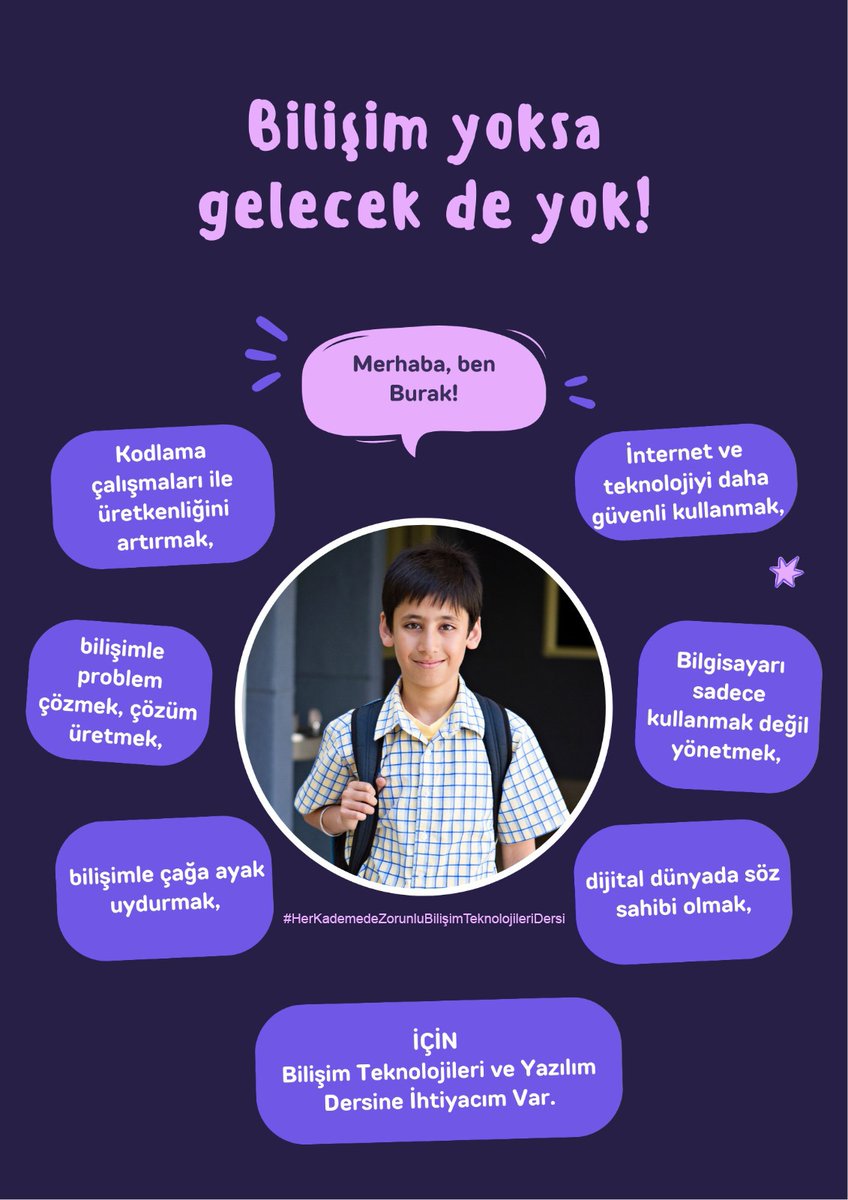 Her Sınıfa Bilişim Dersi: Dijital Vatandaşlık İçin!Bilinçli internet kullanımı, dijital haklar ve sorumluluklar her öğrenciye öğretilmeli. Her sınıfa bilişim dersi, bilinçli dijital vatandaşlar için!
- #HerSınıfaBilişimDersi  
- #DijitalVatandaşlık  
- #BilgiGüçtür  
- #Kodlama