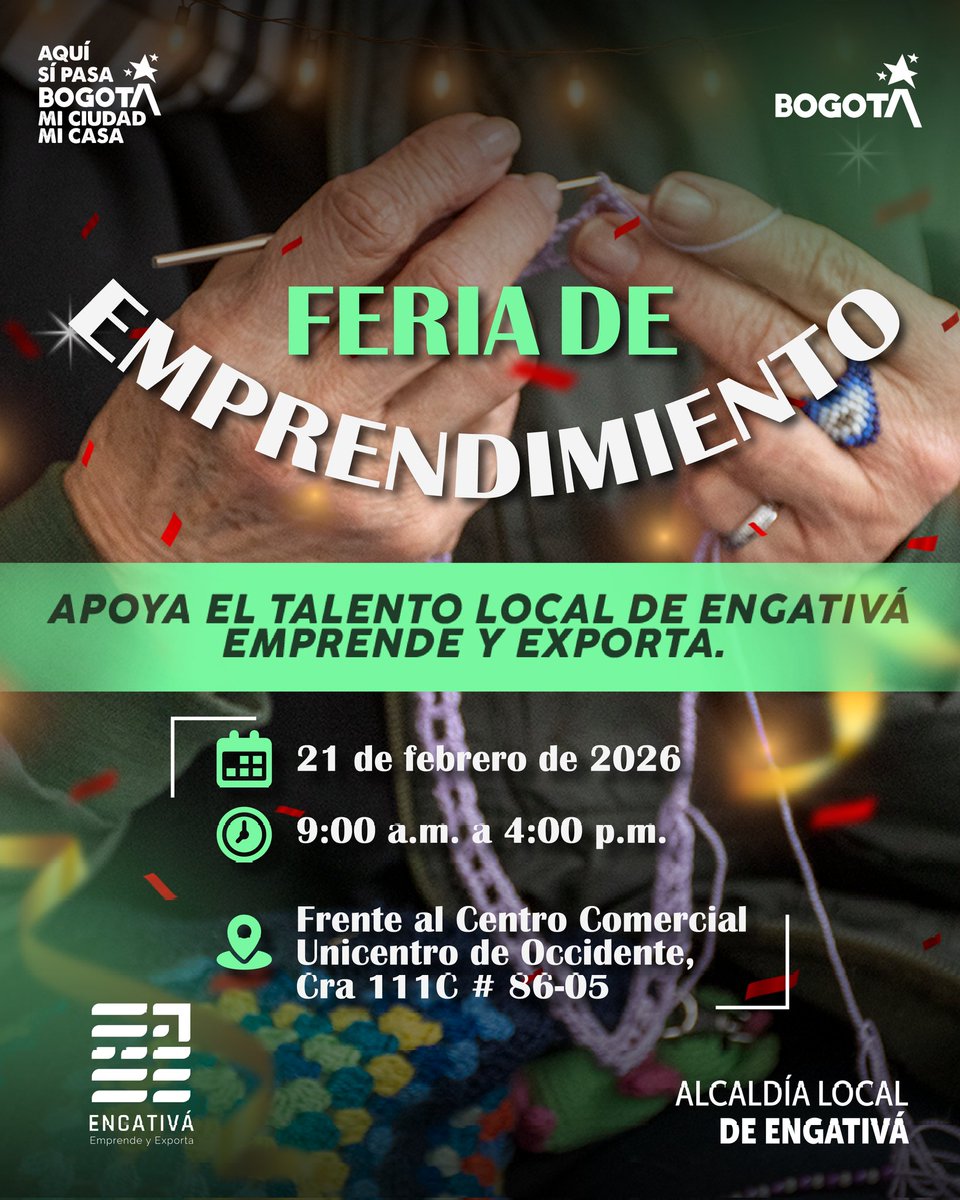 ✨ Feria de Emprendimiento en Engativá

Apoya el talento local y compra productos hechos con dedicación 💚

📅 21 de febrero de 2026
⏰ 9:00 a.m. – 4:00 p.m.
📍 Frente a Unicentro de Occidente

Impulsamos a quienes hacen crecer nuestra localidad.

¡Te esperamos! 🙌
