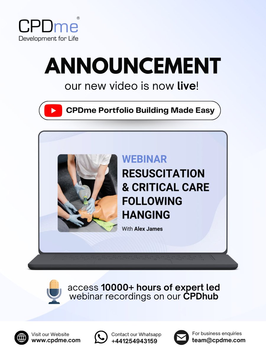 cpdme's tweet photo. 🔔 New webinar video is now live on YouTube!

Resuscitation &amp; Critical Care Following Hanging
Presented by Alex James

👉 Video Link:
https://t.co/BcPzRekLD8

Get 14-day FREE trial now!
🎥 Access 10,000+ hours expert-led webinar recordings on our CPDhub

#CPD #CPDme #CPDhub https://t.co/asyimZ0N9J