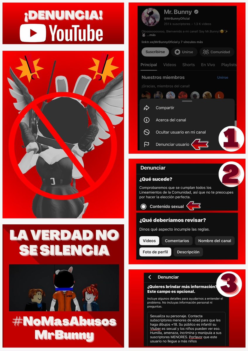 JMClubOficial's tweet photo. ¡No queremos mas personas así en nuestra comunidad de Roblox!🚫

No normalicemos mas la Pedofilia, el abuso sexual ni la manipulación a sus seguidores. Pedimos que todos nos unamos y denunciemos a @MrBunnyOFICIAL 

#NoMasAbusosMrBunny #Roblox https://t.co/6n1QC5OUhG