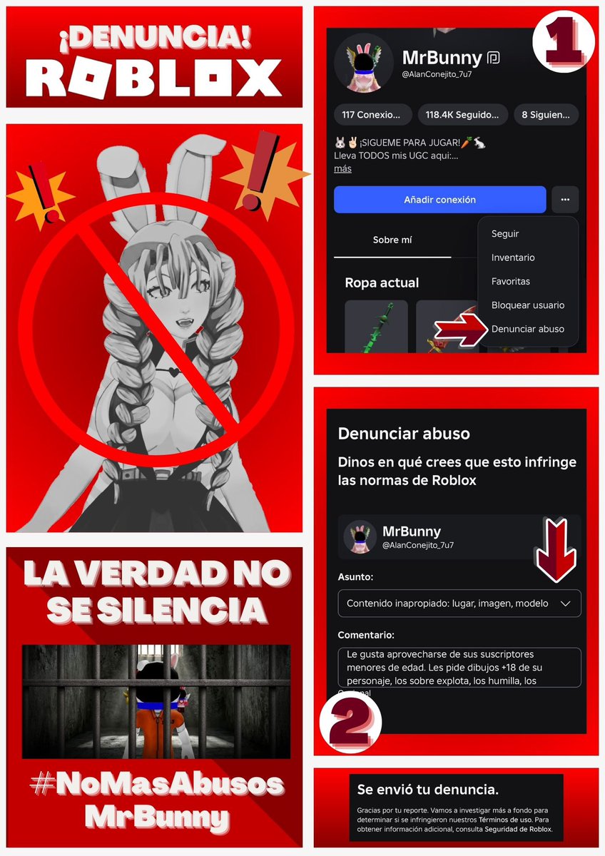 JMClubOficial's tweet photo. ¡No queremos mas personas así en nuestra comunidad de Roblox!🚫

No normalicemos mas la Pedofilia, el abuso sexual ni la manipulación a sus seguidores. Pedimos que todos nos unamos y denunciemos a @MrBunnyOFICIAL 

#NoMasAbusosMrBunny #Roblox https://t.co/6n1QC5OUhG