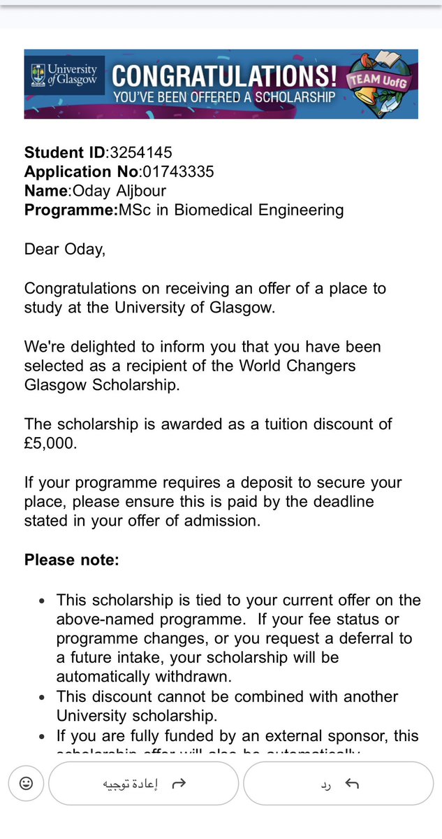 I received an offer to study at the University of Glasgow 🥳

I was also granted a partial scholarship of £5,000.

But I still need to cover £25,000. 🥲💔

I just wanted to share this moment of happiness with you a dream within reach, yet so far because I cannot afford the