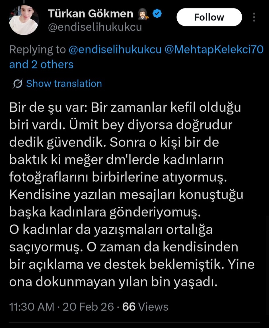 Arkadaşlar, benim kefil olduğum biri varmış. Sonra bu kişi kadınların fotoğraflarını ve yazışmalarını birbirlerine gönderiyormuş. (Sapık biri diyor yani)
Bu konuda benden destek ve açıklama beklemişler ama ben kulağımın üstüne yatmışım. Bu twitten bunu anladım ben. (Siz farklı mı