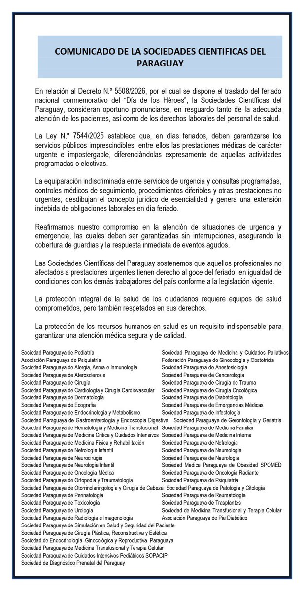 📢COMUNICADO A LA OPINIÓN PÚBLICA:

La Sociedad Paraguaya de Hematología y Medicina Transfusional expresa su postura ante la promulgación del Decreto Nº5508/2026 que dispone el traslado del feriado nacional del Día de los Héroes al lunes 02 de marzo.