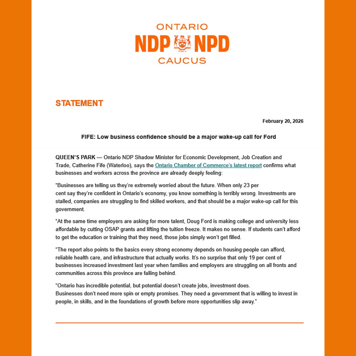 “Ontario has incredible potential, but potential doesn’t create jobs, investment does. Businesses don’t need more spin or empty promises. They need a govt that is willing to invest in people, in skills, &amp; in the foundations of growth before more opportunities slip away.” #onpoli