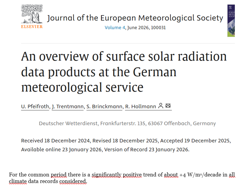 AssoClimatoReal's tweet photo. Des climatologues allemands ont mesuré, pour l'Allemagne, la quantité d'énergie solaire qui atteint la Terre. Cette quantité a augmenté de manière significative. Ce n'est pas le #CO2, mais le soleil qui est responsable du réchauffement de 1°C depuis 1850 👇https://t.co/xMiowuMpSU https://t.co/HykmWvZlGD