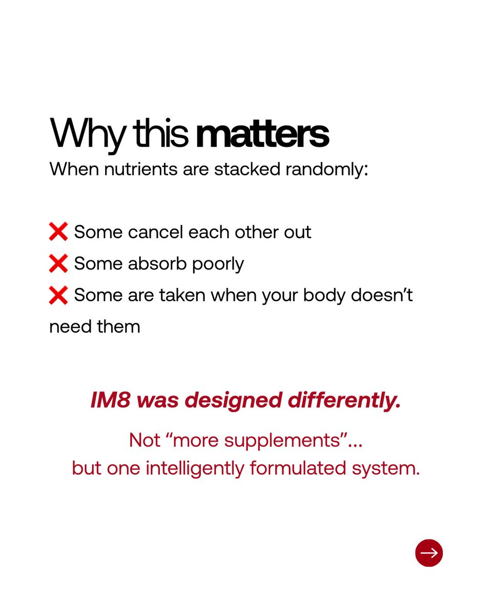 im8health's tweet photo. Modern health keeps telling you to add more. 
More supplements. 
More steps. 
But the body doesn’t need more. 
It needs the right nutrients - consistently. 

That’s why IM8 is built on precision. 
Clinically studied ingredients. 
Effective doses.
Better outcomes.

#im8health #simplicity #IM8 #IM8health #supplements #Nutritionhealth #digestivehealth #nutritionabsorption
