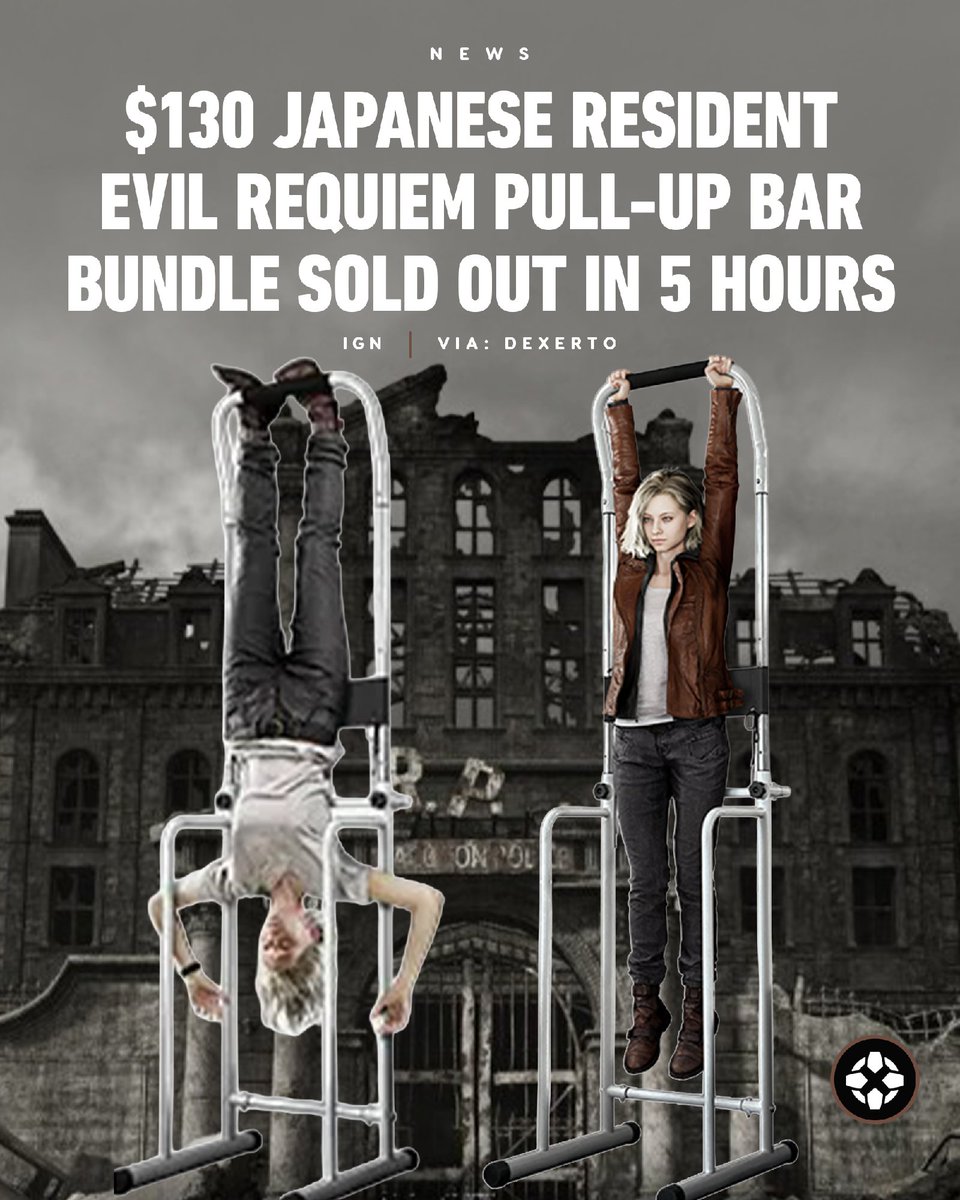 IGN's tweet photo. In Japan, Capcom teamed up with a company known for its shopping channel-style infomercials to release a bizarre limited edition of Resident Evil Requiem that includes a full-size pull-up bar, and it sold out extremely quickly. https://t.co/KY7AnMms1o https://t.co/yJniqZYE5L