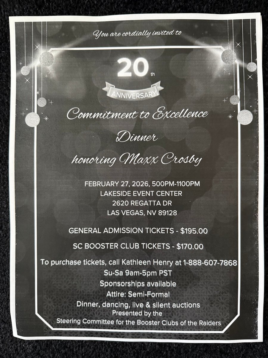 One week from today Friday Feb 27 in Summerlin we will be honoring Maxx Crosby at the 20th annual Commitment To Excellence Award Dinner. Tickets are no longer available but we may have a few for sale due to cancellations. DM me if you interested. Thank You For Your Support 🩶🖤❤️