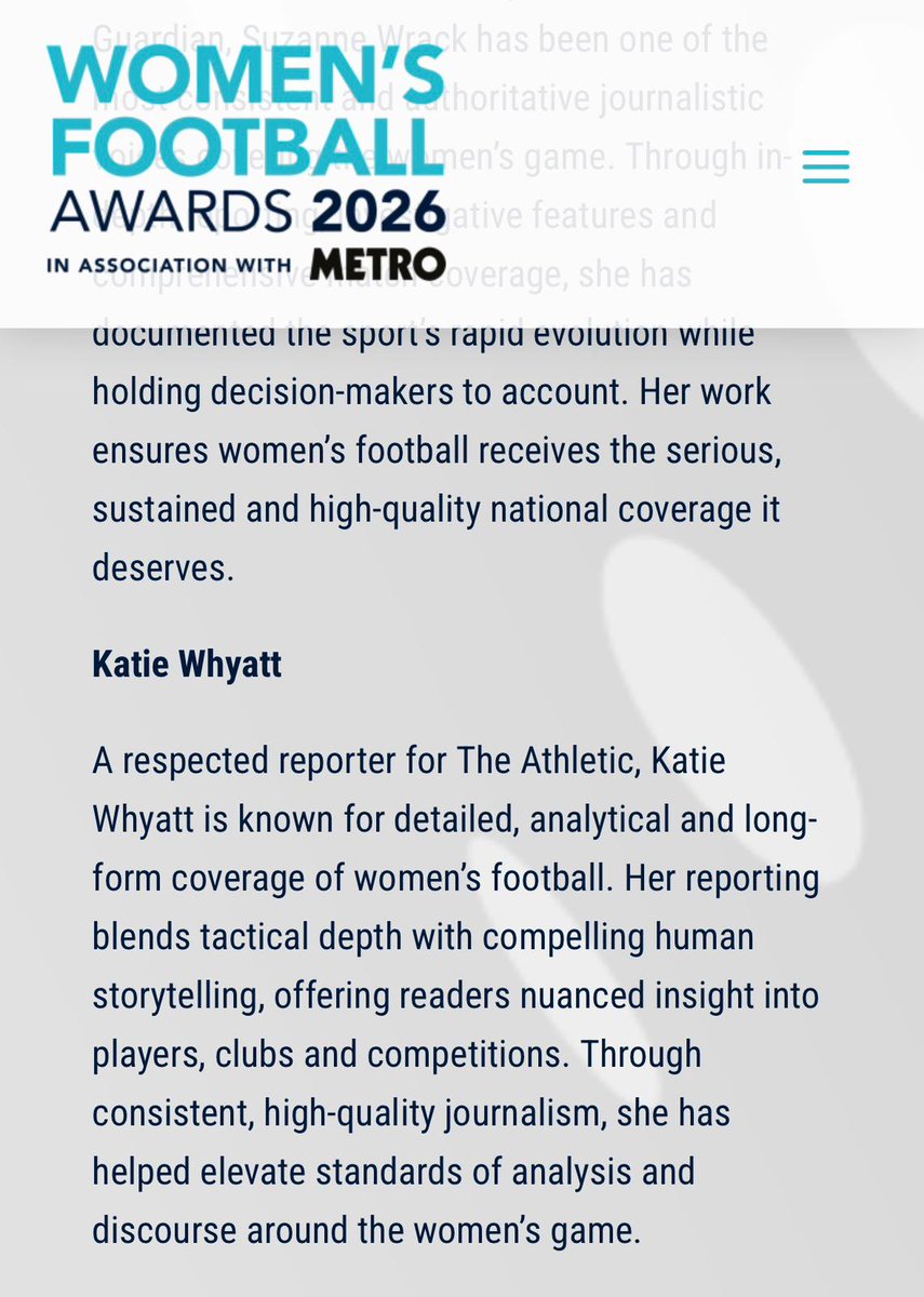 Our very own Katie Whyatt is up for an award in the women's football awards for her fantastic work in sports media in the women's game!

Voting only takes a minute, please take a moment and go vote for her!

womensfootballawards.com/voting/

<a href="/KatieWhyatt/">Katie Whyatt</a>