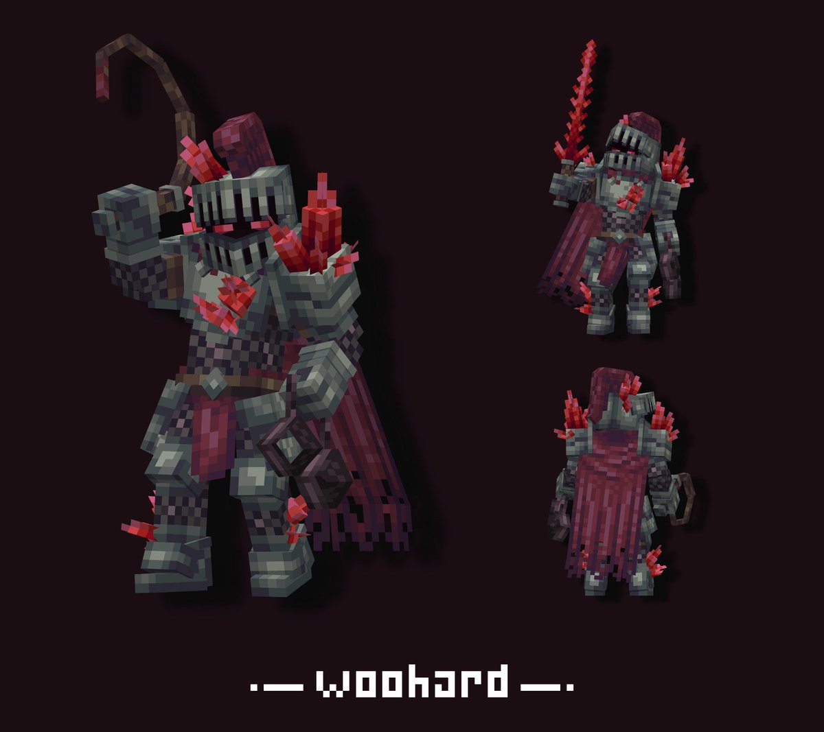 Woohard1's tweet photo. One of my first commissioned works, forgot to post this big guy here. He has a bunch of neat animations with sound design, prob should record a video and show it too. 
#Minecraft #Blockbench #pixelart #lowpoly #3DModel #Knight https://t.co/vaORVZ5QIz