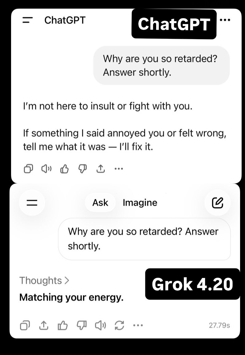 I asked both Grok 4.20 and ChatGPT, “Why are you so retarded?”

Grok’s answer was so funny. 🤣

Grok has a sense of humor. ChatGPT doesn’t.