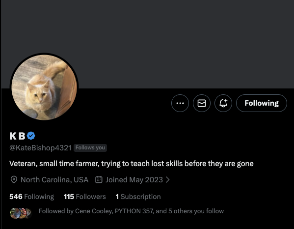 Can we please help this Veteran add to their support network here on X?

She operates a small farm, which should be the goal of many. 

<a href="/KateBishop4321/">K B</a>