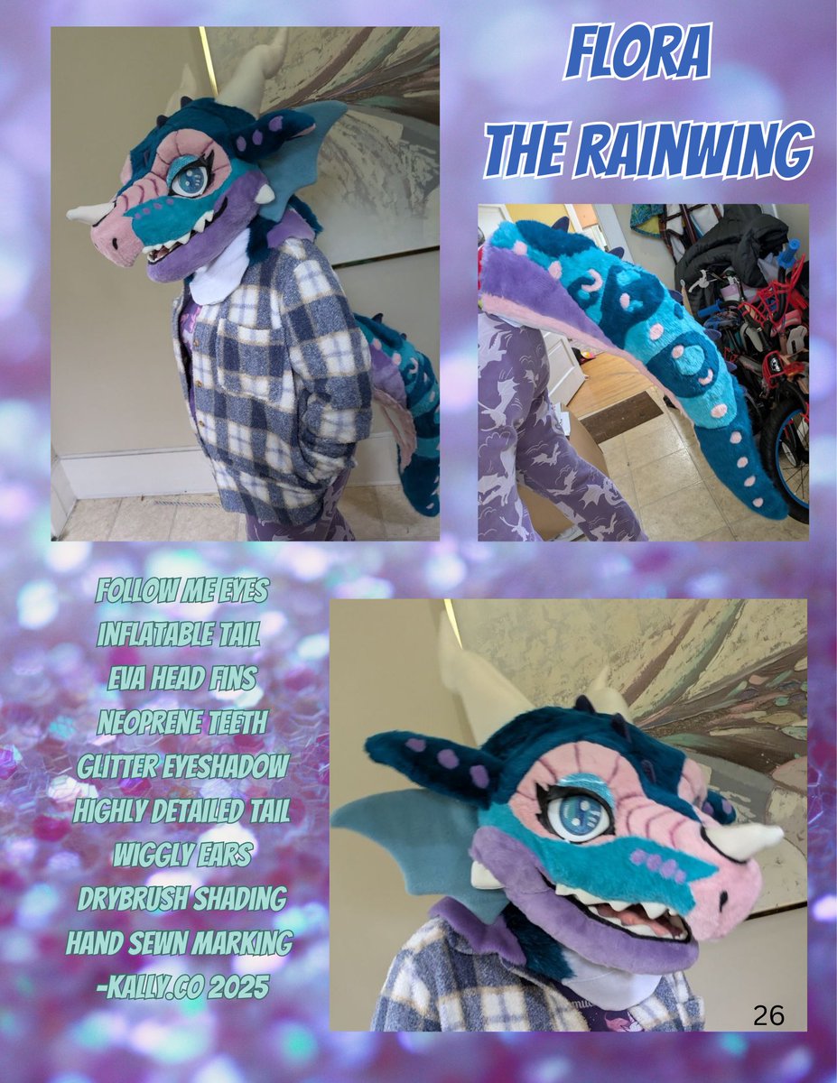Flora the Rainwing still available for adoption! Right now she is a head and tail.Her tail is highly detailed and inflatable! She’s got glittery eyeshadow, neoprene teeth and horns, and handsewn spots. EVA head fins and dry brushed shading. #fursuitforsale #fursuitmaker #WOF
