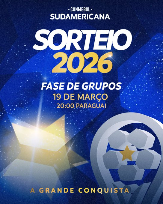 #Grêmio l A CONMEBOL informou oficialmente a data do sorteio da fase de grupos da Copa Sul-Americana 2026.

O evento será realizado no dia 19 de março, na sede da entidade, em Luque, no Paraguai.