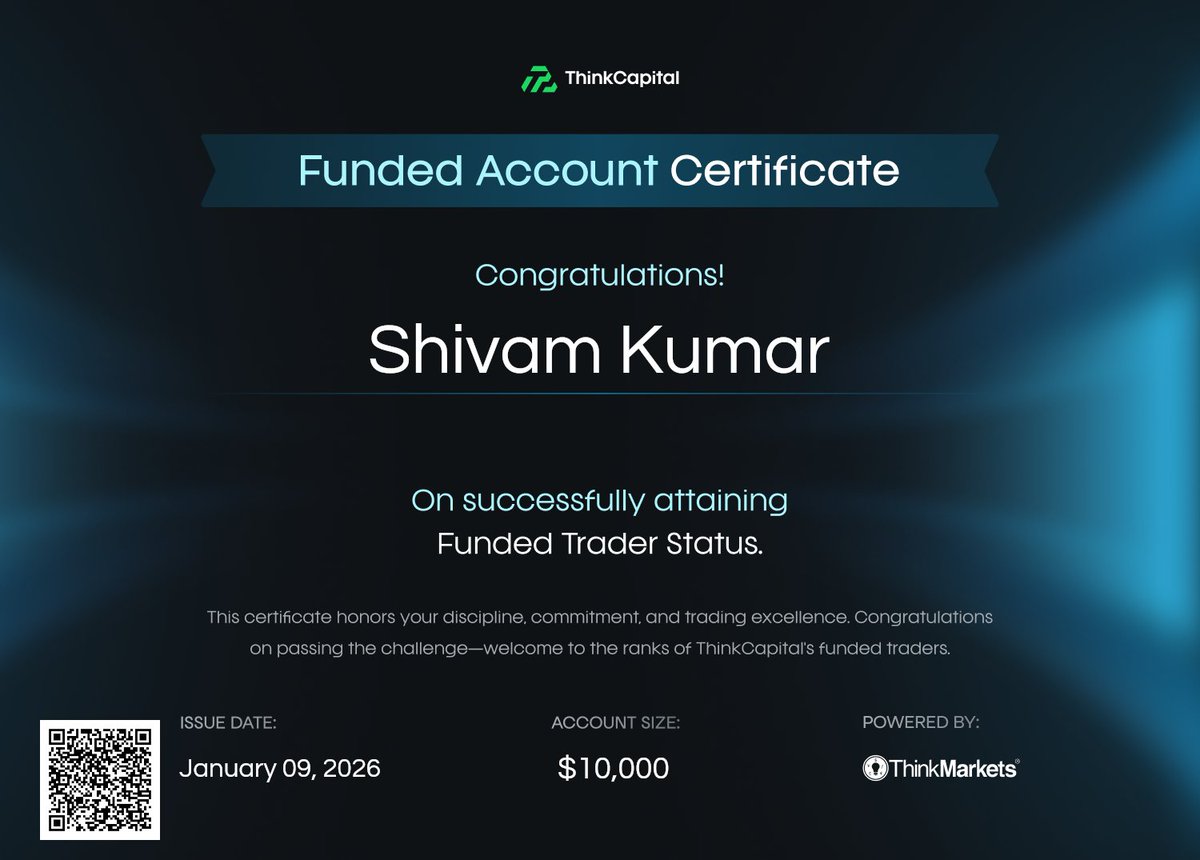 sivfibo's tweet photo. Discipline. Patience. Execution.
Proud to receive my funded account certificate from @thinkcapitalcom
Grateful for the opportunity and feeling lucky to be part of this journey.
The work continues. 🚀
#FundedTrader #TradingJourney #ThinkCapital https://t.co/gKYp1HIzZv