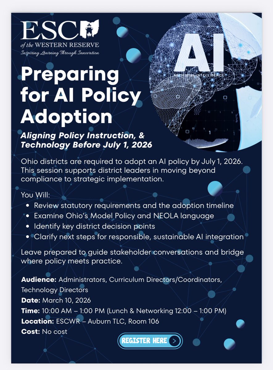 Preparing for AI Policy Adoption
Mar 10, 10a
Free to attend 
Lunch included 
Register here: escwr.org/protected/Even…

<a href="/ESCoftheWR/">ESC of the Western Reserve</a>