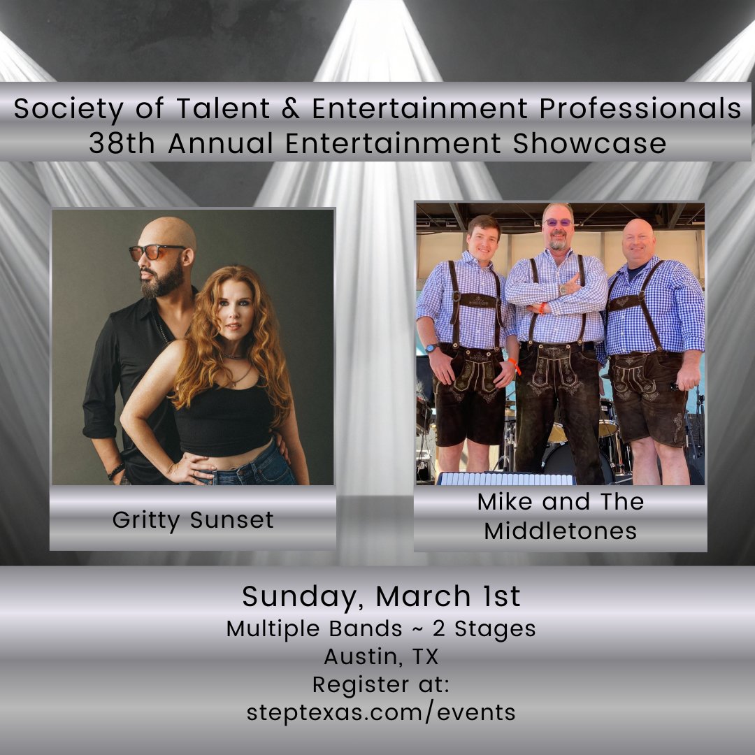 STEPROCKS's tweet photo. 2026 STEP Showcase
Next Up:
Gritty Sunset: Event-ready polish
+
Mike Middleton &amp; The Middletones: Accordion-fueled festival fun
March 1 | Austin
Register: https://t.co/pcTmfcwaMX
#STEP2026 https://t.co/FhofRanQso