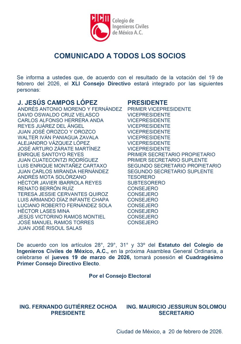 🚨 COMUNICADO 
El Consejo Electoral del Colegio de Ingenieros Civiles de México, hace de su conocimiento la siguiente información.

🔗Para una mejor visualización dar clic en cicm.org.mx/wp-content/upl…