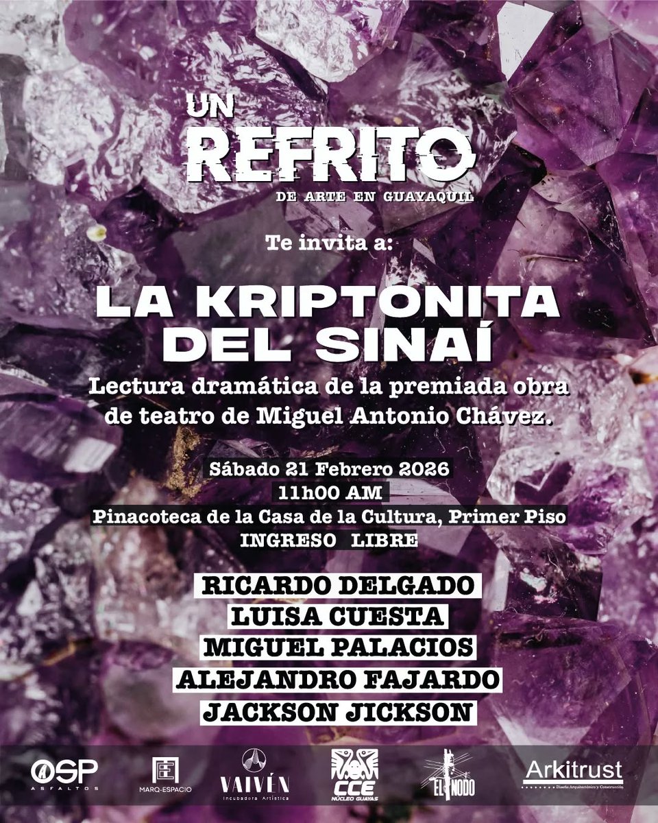 Quedan invitadísimos/as mañana en Guayaquil a la lectura dramática de #LakriptonitadelSinaí, escrita por mí, convocada por Ricardo Delgado Garcés. 

Dos rabinos del espacio bajarán a ungir a un nuevo Elegido, pero este no lo sabe.

No se pierdan ese reparto de lujo.
