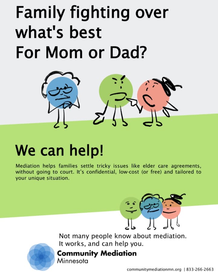 Family fighting over what's best for mom or dad? We can help. Mediation helps families settle tricky issues like elder care agreements, without going to court. It’s confidential, low-cost (or free) and tailored to your unique situation.

communitymediationmn.org/services/media…