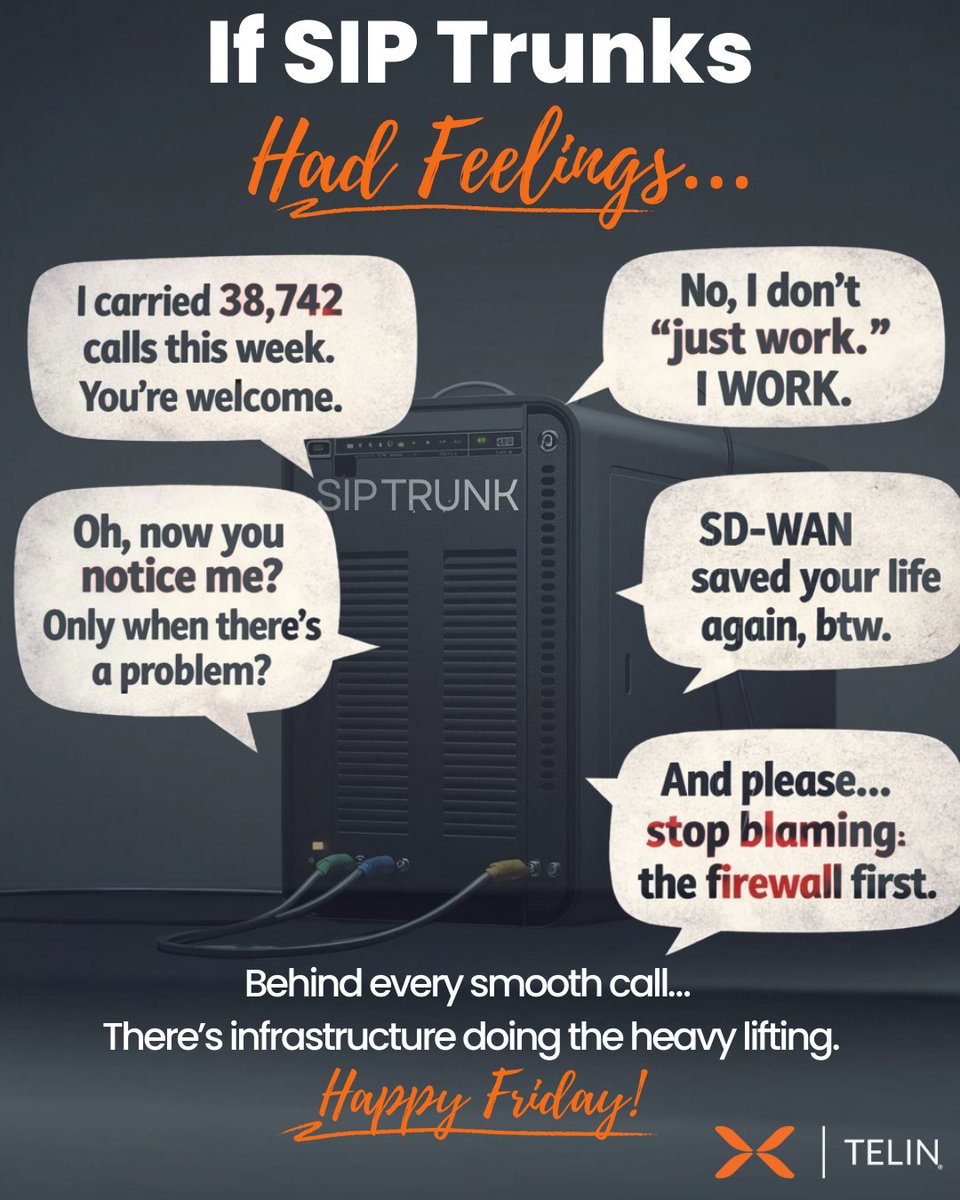 TelinGlobal's tweet photo. It’s Telin Friday. 🔌
If SIP Trunks had feelings, here’s what they’d say…
Happy Friday from the people who keep the packets moving.

#TelecomLife #VoIPLife #MSPCommunity #3CX #TechHumor #NetworkEngineers https://t.co/MkfF3ugv6K