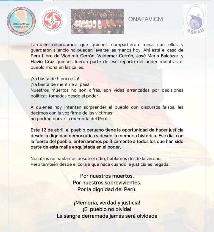 🇵🇪Org Nacional de Familiares de Asesinados y Víctimas de las Masacres 2022-2023: “Denunciamos al pacto mafioso...Ellos sostuvieron y colocaron en el poder a Dina Boluarte, José Jeri y ahora pretenden seguir manejando el país colocando a José María, pisoteando el voto del pueblo”