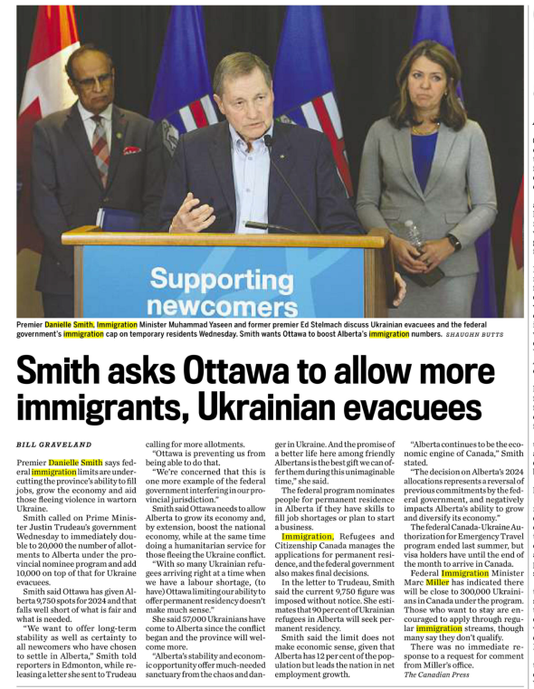 Smith asks Ottawa to allow more immigrants
"We want to offer long-term stability as well as certainty to all newcomers who have chosen to settle in Alberta," Danielle Smith, March 2024
#ableg