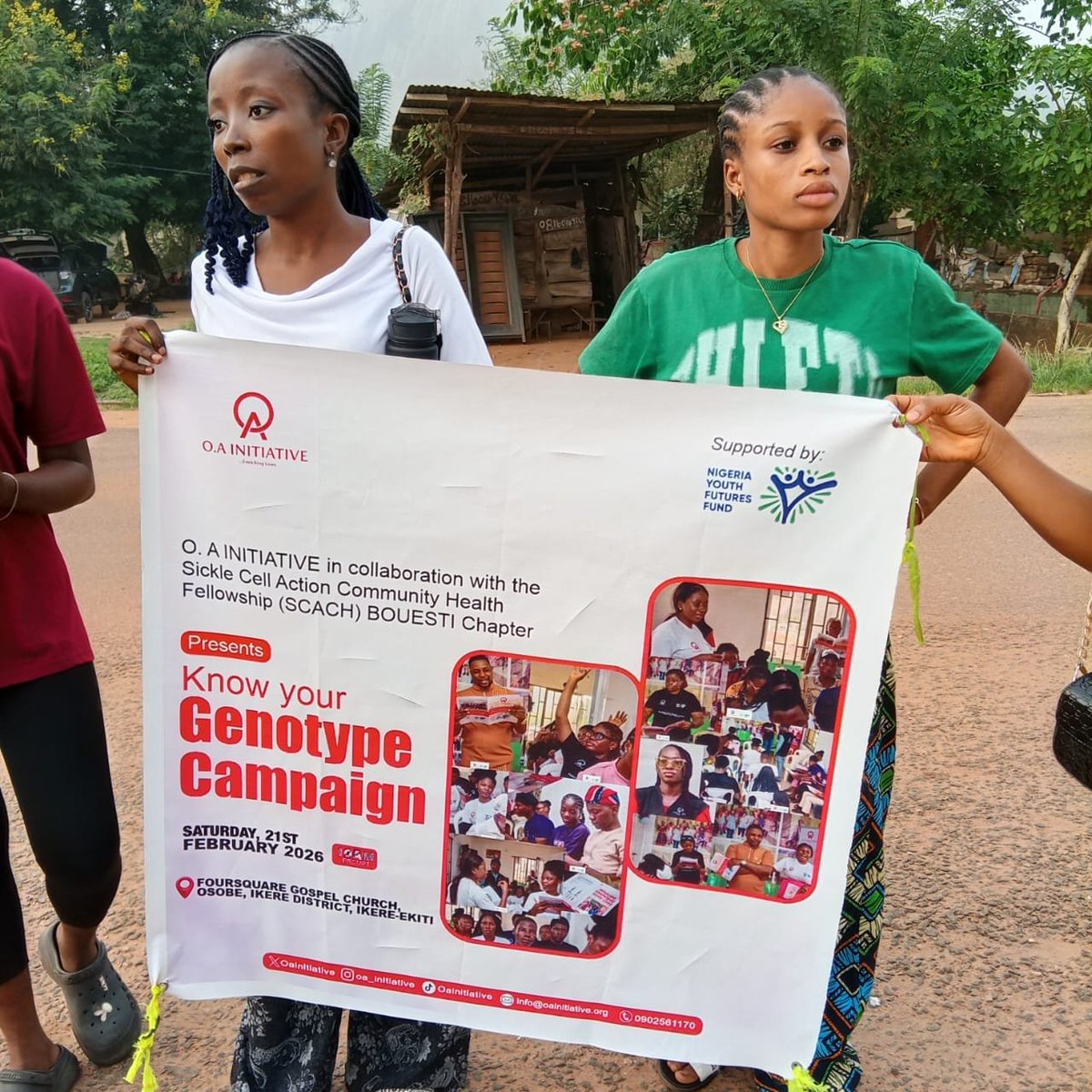 OAinitiative_'s tweet photo. Today, O.A Initiative × SCACH BOUESTI Chapter, with support from Nigeria Youth Futures Fund, stepped out ahead of tomorrow’s SCD Awareness & Genotype Testing Campaign.
Knowledge saves lives. Don’t guess your genotype; know it. 🩸✨
#SCDawareness #KnowYourGenotype #HealthMatters https://t.co/c1QUVTnL5U