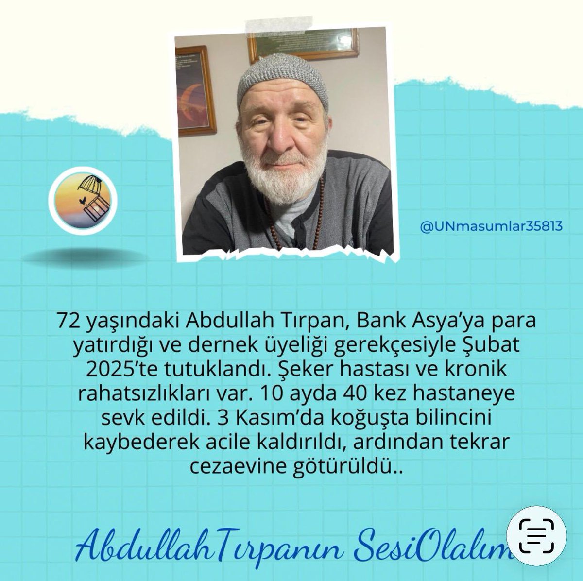 kybdlnhayatlar's tweet image. Abdullah Tırpan ileri yaşı, kronik hastalıkları ve cezaevi koşullarında kontrol altına alınamayan sağlık sorunlarıyla yaşam riski altında bulunuyor. 

İnfaz hukukuna göre bu durumda infazın ertelenmesi bir insani talep değil, hukuki bir zorunluluktur.

AbdullahTırpanınSesiOlalım