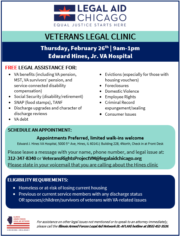 KaneVAC's tweet photo. A Veterans Legal Clinic offered by Legal Aid Chicago will take place @HinesVAH next Thursday (Feb. 26): https://t.co/t5hUMPtsjw