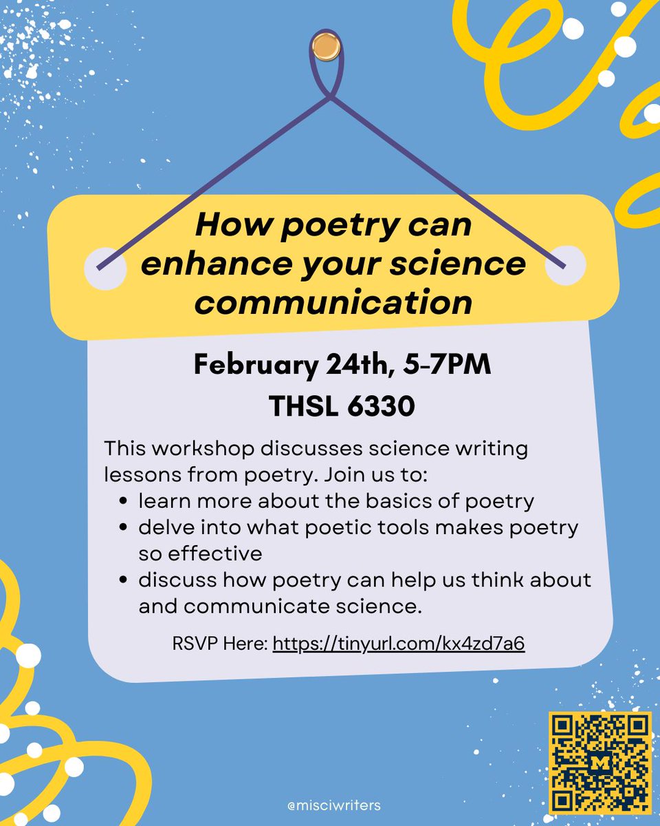 MiSciWriters's tweet photo. Join us for our poetry workshop: How Poetry Can Enhance Your Science Communication on February 24th at 5pm! This workshop – led by Kate Giffin – discusses science writing lessons from poetry. RSVP here: https://t.co/A3AprhWrHy! https://t.co/a6L1kd4V8Y