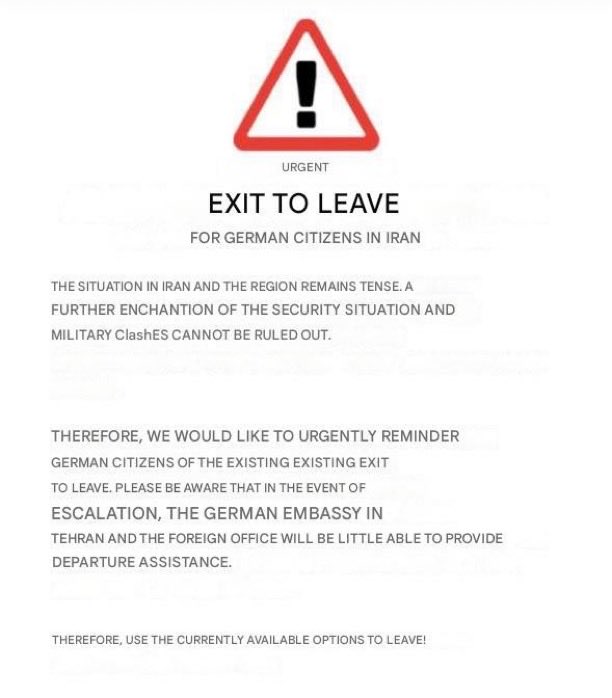 Polonya’nın ardından Almanya da vatandaşlarına İran'ı derhal terk etme çağrısı yaptı.