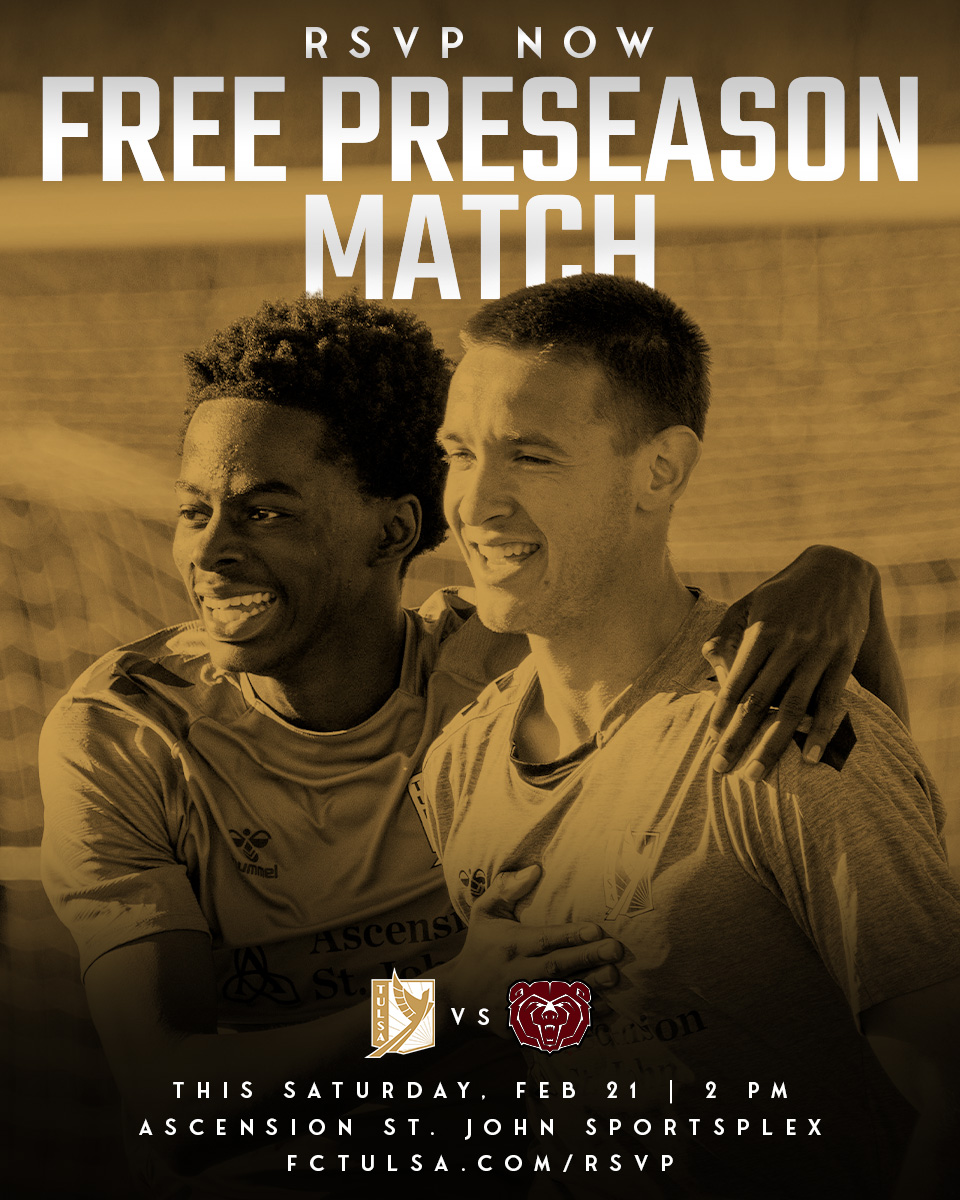 🗓️ Consider your Saturday plans sorted.

FC Tulsa is hosting the Missouri State Bears this Saturday at Ascension St. John Sportsplex, kicking off at 2pm. 

This match is open to the public and free - all you have to do is RSVP!

📨 RSVP ➡️ fctulsa.com/rsvp/