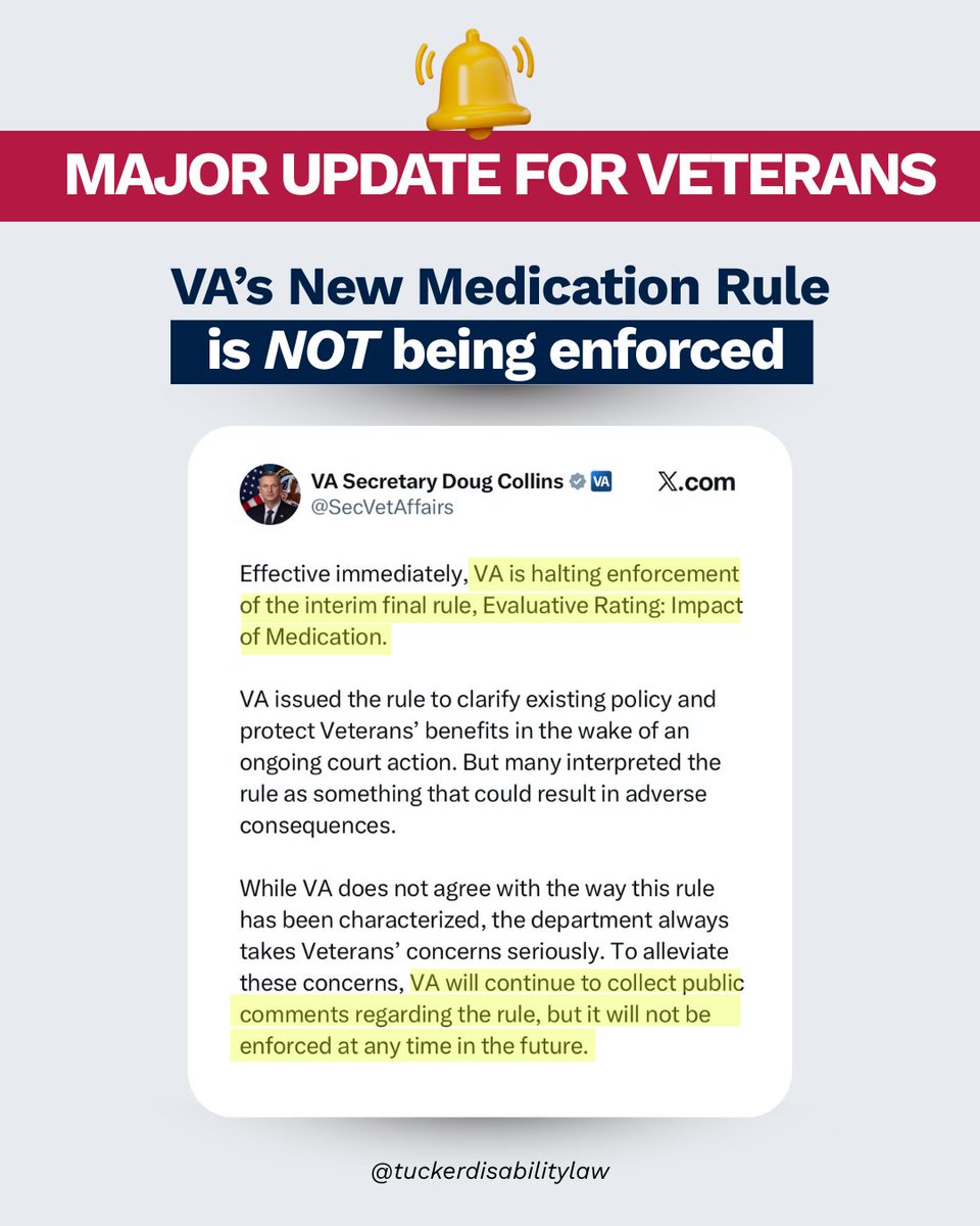 DisabledLaw's tweet photo. Worried the new VA "Impact of Medication" rule will drop your rating? 

Don't be. 

Sec. Doug Collins confirmed it won't be enforced to reduce benefits. 

Received a confusing notice anyway? 
Tucker Disability Law can help. 

📞 (866) 282-5260 
🌐 https://t.co/3L6c1ZLhez https://t.co/YI5p8jZhKM
