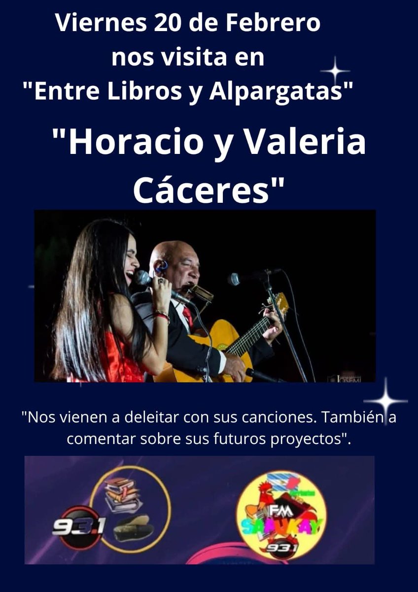 🔊 HOY viernes 20/02 con Valeria estamos de invitados en el programa "Entre Libros y Alpargatas" a partir de las 20 hs  📻 
🎙️ Conducen: Olga Pereyra, Miguel Riquelme y Jonatan Ruidias

Escúchanos en VIVO: 
📻 FM Sapukay 93.1
💻 facebook.com/fmsapukay.corr…

Los esperamos en sintonía!