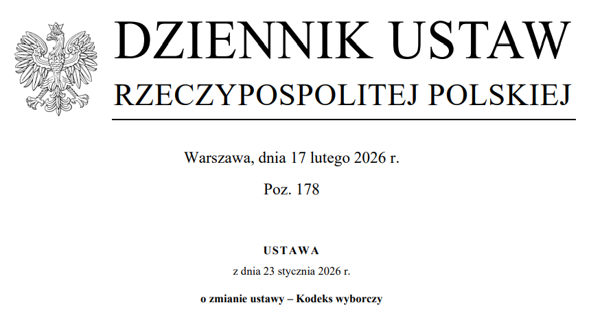 PanstwKomWyb's tweet photo. ℹ️ 17 lutego 2026 r. w Dzienniku Ustaw Rzeczypospolitej Polskiej została ogłoszona ustawa z dnia 23 stycznia 2026 r. o zmianie ustawy – Kodeks wyborczy. Nowelizacja przewiduje utworzenie Portalu Poparcia.

https://t.co/lHam3UOjn5 https://t.co/yHIDO35ycp